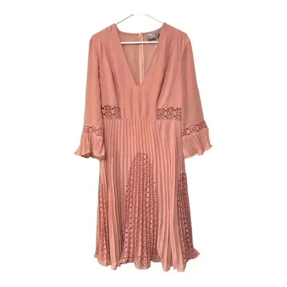 ASOS NWT Rose Pink Lace, Ruffle, Pleating Details Long Sleeve Midi Dress - Picture 2 of 15